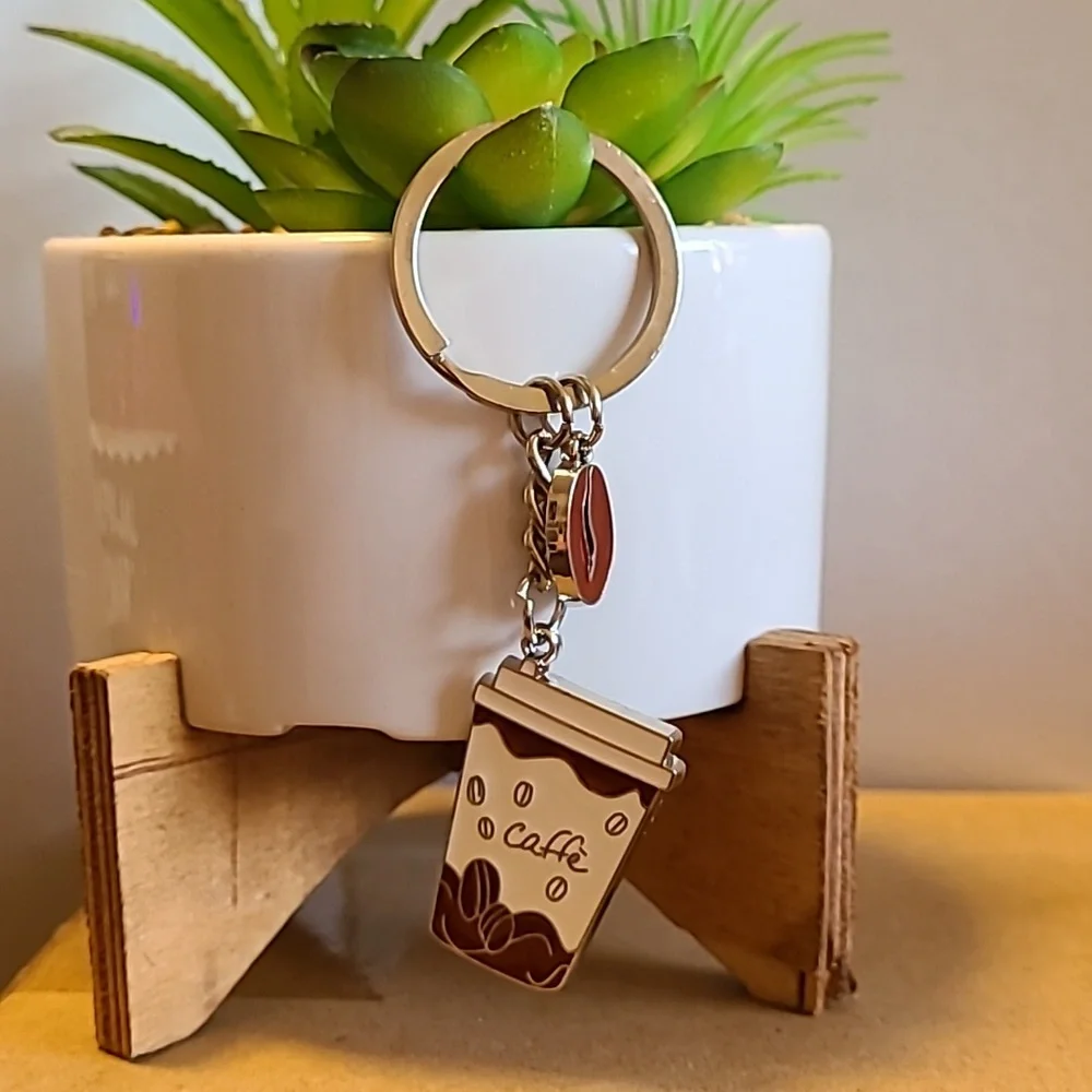 Cafe' Cup Keychain Unisex Brown & White NWOT Office Auto‎ School Keys